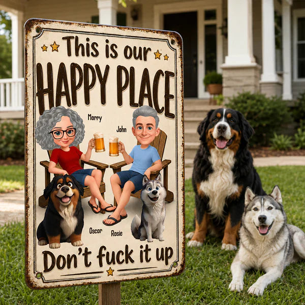 Personalized Rectangular Iron Sign, Vintage Happy Place Couple & Dogs, Unique Creative Gift for Home