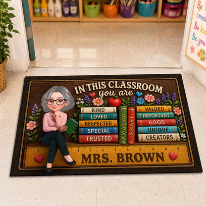 Personalized Teacher Doormat With Classroom Books, Unique Creative Gift For Back To School Entryway