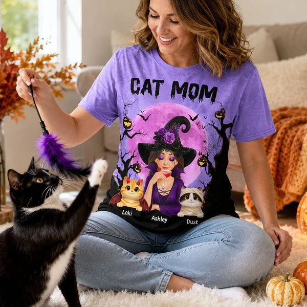 Personalized Cat Mom Printed Classic Tee, Witch and Cats Under Purple Moon, Creative Halloween Gift for Cat Lovers