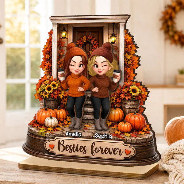 Personalized 2-Layer Wooden Plaque, Besties Forever Autumn Porch Scene, Unique Gift For Close Friend