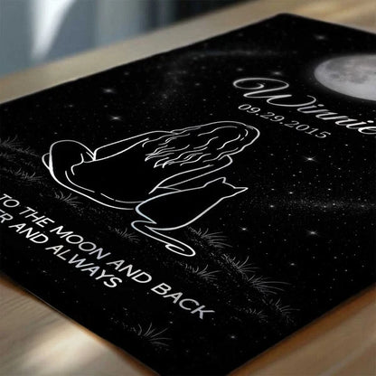 Personalized I Love You to the Moon and Back Cat Memorial Canvas, Seated Woman and Cat, Unique Sympathy Gift for Pet Owners