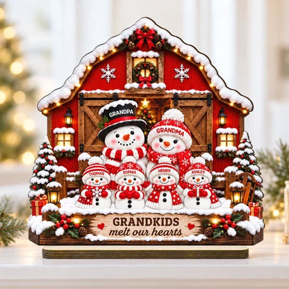 Personalized Wooden Plaque, Snowman Grandparents and Grandkids at a Snowy Red Barn, Unique Christmas Gift