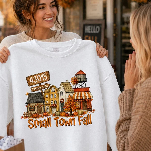 Custom Classic Tee, Nostalgic Fall Town Illustration, Creative Gift for Travelers & Friends