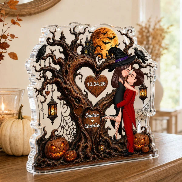 Personalized Acrylic Block Plaque, Halloween Heart Tree Couple Kissing Scene, Unique Creative Gift for Couple