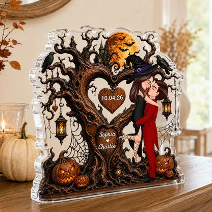 Personalized Acrylic Block Plaque, Halloween Heart Tree Couple Kissing Scene, Unique Creative Gift for Couple