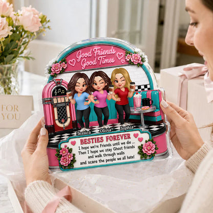 Personalized Shaped Acrylic Block Plaque, Winking Friends in Retro Diner, Unique Gift for Close Friend