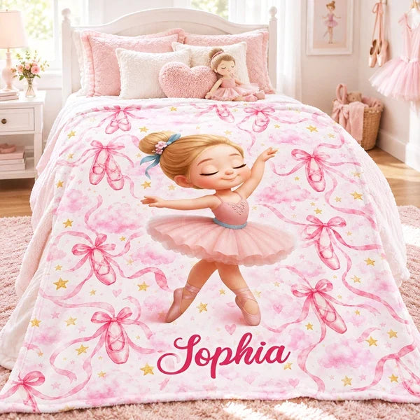 Personalized Fleece Blanket with Dancing Ballerina, Pink Watercolor Keepsake, Unique, Creative Gift for Daughter
