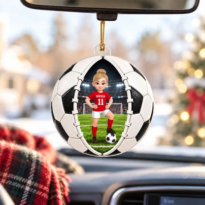Personalized Acrylic Ornament, Girl Soccer Player Posing in Stadium, Unique Christmas Gift for Daughter