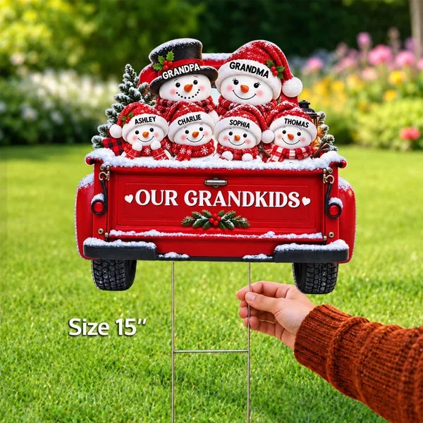 Personalized Shaped Yard Sign, Snowman Family Riding a Red Truck, Unique Christmas Gift for Grandparents