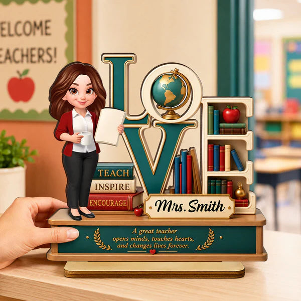 Personalized 2-Layer Wooden Plaque with Standing Teacher, Books & Globe, Unique Teacher Gift
