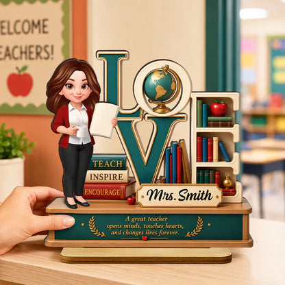 Personalized 2-Layer Wooden Plaque with Standing Teacher, Books & Globe, Unique Teacher Gift