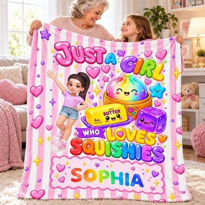 Personalized Fleece Blanket, Waving Girl with Rainbow Squishies, Unique Gift for Daughter