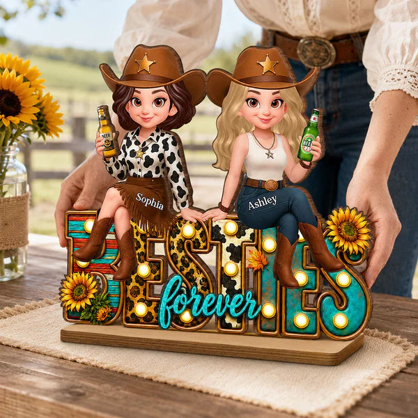 Personalized 2-Layer Wooden Plaque, Cowgirl Friends Holding Hands, Unique Gift for Close Friend