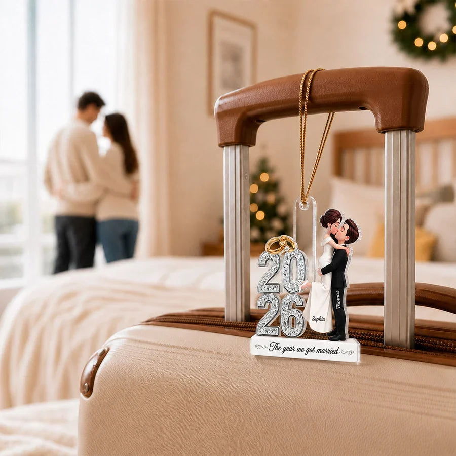 Personalized Acrylic Ornament with Kissing Newlyweds, Unique Wedding Keepsake Gift for Couples