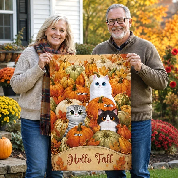 Hello Fall Personalized Garden Flag, Playful Cats in a Pumpkin Patch, Creative Gift for Cat Lovers and Autumn Decor