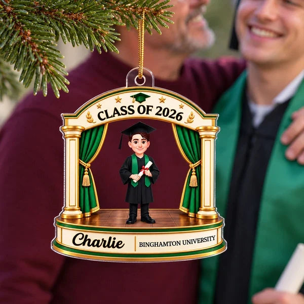 Personalized Acrylic Ornament, Female Graduate on Stage, Red and Gold Unique Creative Christmas Gift for Graduate