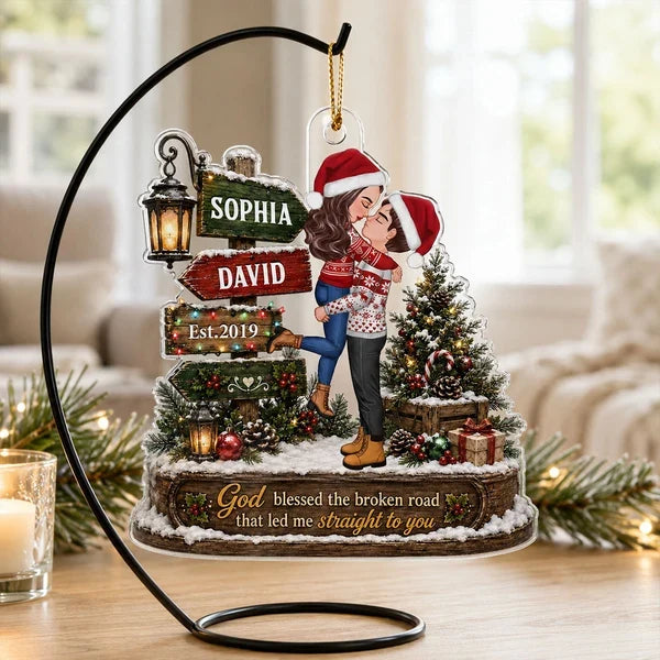God Blessed the Broken Road Personalized Acrylic Ornament, Kissing Couple in Rustic Christmas Scene, Creative Couple Gift
