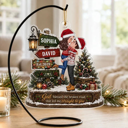 God Blessed the Broken Road Personalized Acrylic Ornament, Kissing Couple in Rustic Christmas Scene, Creative Couple Gift