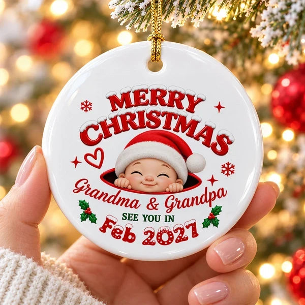 Personalized Ceramic Ornament, Merry Christmas Baby Announcement, Creative Gift for Expecting Grandparents