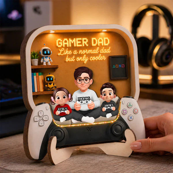 Personalized 2-Layer Wooden Plaque for Gamer Dad, Dad & Kids Holding Controllers Unique Gift