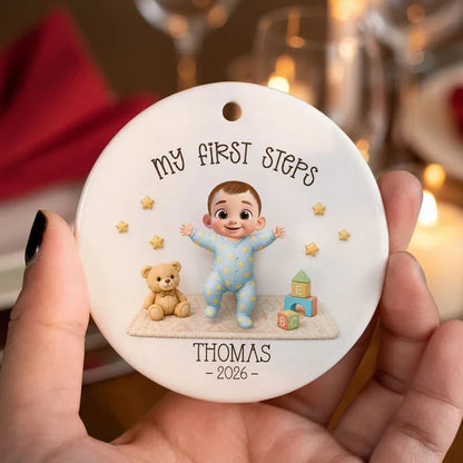 Personalized Ceramic Ornament, Baby Taking First Steps in Pastel Cartoon Style, Unique Christmas Gift for Parents