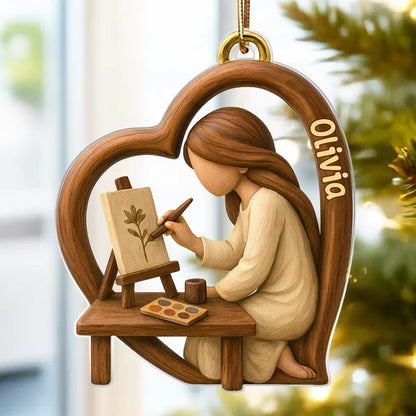 Personalized Acrylic Ornament, Warm Wood Tone Artist Painting in Heart, Unique Creative Gift for Artists
