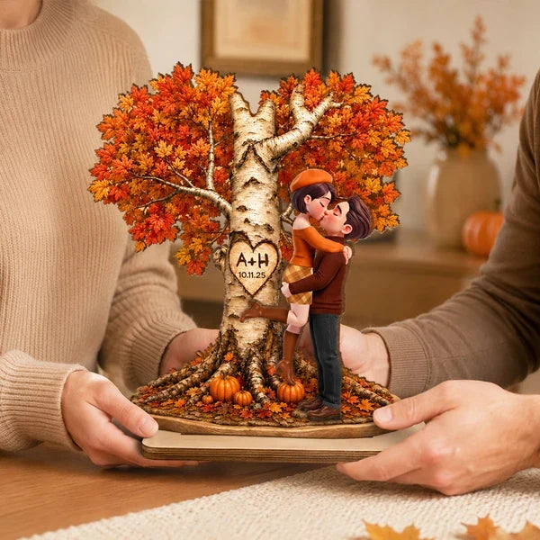 Personalized 2-Layer Wooden Plaque, Fall Love Tree Couple Kiss, Unique Creative Gift for Couple