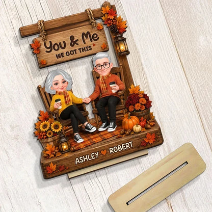 You & Me Personalized 2-Layer Wooden Plaque, Autumn Couple Holding Hands, Creative Gift for Partners
