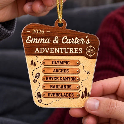 Personalized Acrylic Ornament with Park Map Trail, Compass & Pines, Unique Travel Gift for Couples