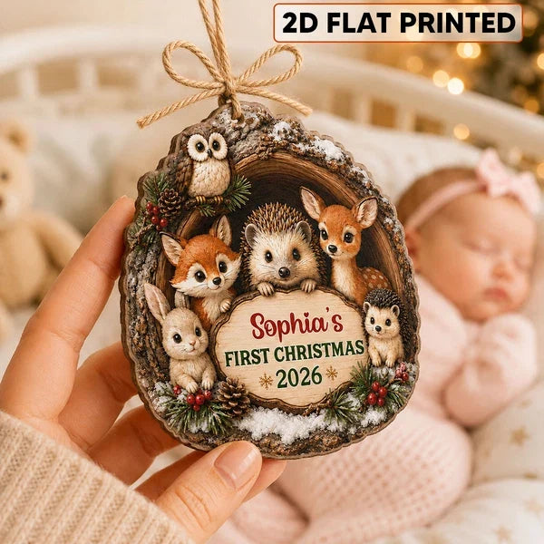 Personalized Wooden Ornament, Woodland Animals in a Snowy Pine Scene, Unique First Christmas Gift for Baby