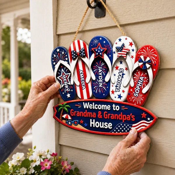 Personalized Wooden Sign With Patriotic Flip Flops, Unique Gift for Grandma & Grandpa