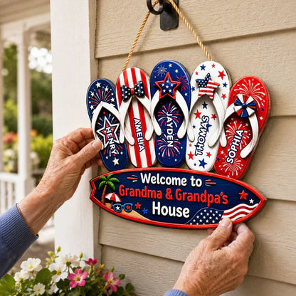 Personalized Wooden Sign With Patriotic Flip Flops, Unique Gift for Grandma & Grandpa