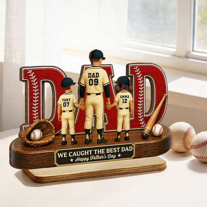 Personalized 2-Layer Wooden Plaque for Dad, Baseball All-Star Family Unique Gift with Kids Holding Hands