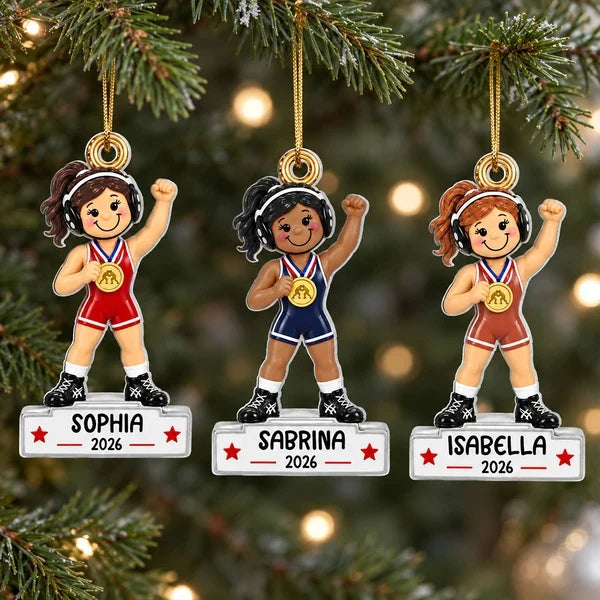 Personalized Acrylic Ornament, Red Cartoon Girl Wrestler Raising Her Fist, Unique Gift for Daughter