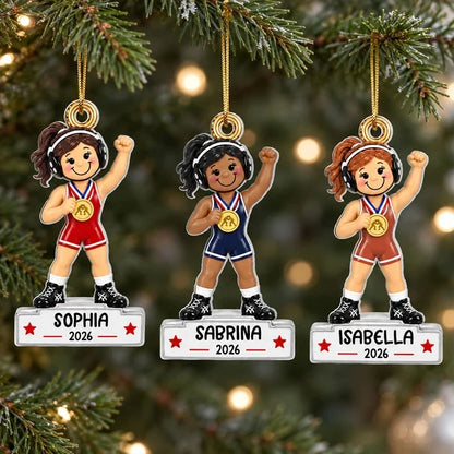 Personalized Acrylic Ornament, Red Cartoon Girl Wrestler Raising Her Fist, Unique Gift for Daughter