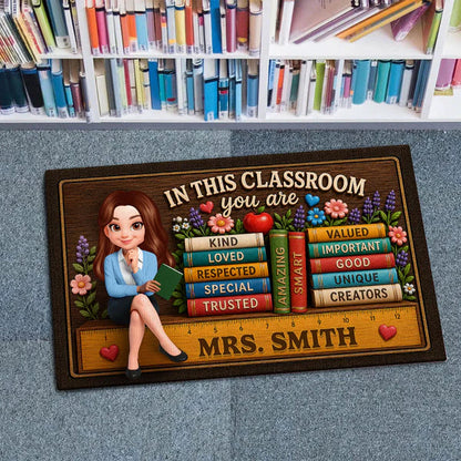 Personalized Teacher Doormat With Classroom Books, Unique Creative Gift For Back To School Entryway