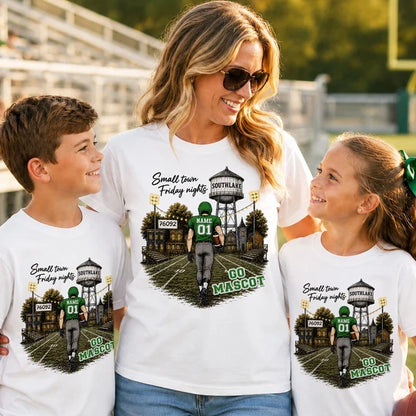 Personalized Classic Tee, Player Walking into a Green & Gold Friday Night Football Scene, Creative Gift for Mom
