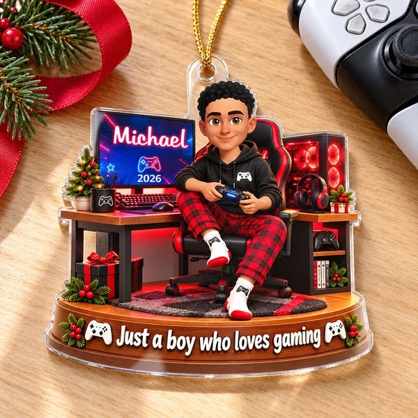 Personalized Acrylic Ornament, Red and Black Cartoon Boy Gaming at Desk, Unique Christmas Gift for Son