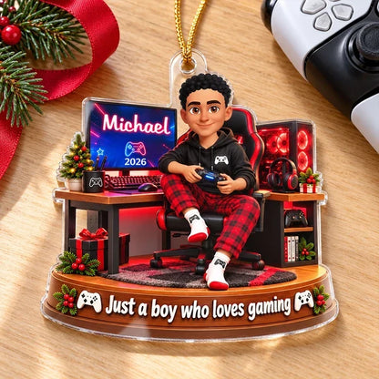 Personalized Acrylic Ornament, Red and Black Cartoon Boy Gaming at Desk, Unique Christmas Gift for Son