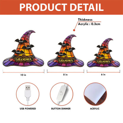 Personalized Acrylic Light Box, Witch Hat Halloween Decor, Unique Gift for Grandma with Warm Glow