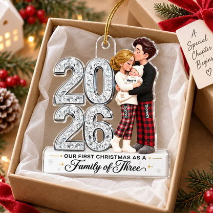 Personalized Acrylic Ornament, New Parents Embracing Baby at Christmas, Unique Family Gift