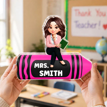 Shaped Acrylic Block Plaque For Teacher, Custom Cartoon Crayon Design, Creative Classroom Thank You Gift