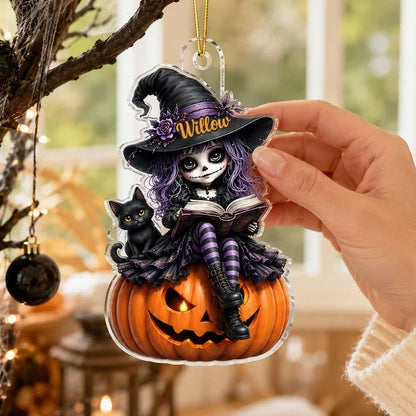 Personalized Acrylic Ornament, Little Witch On Pumpkin With Black Cat, Unique Halloween Gift For Daughter