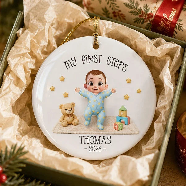 Personalized Ceramic Ornament, Baby Taking First Steps in Pastel Cartoon Style, Unique Christmas Gift for Parents