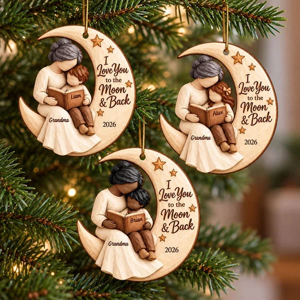 Personalized Wooden Ornament, Grandma & Grandchild Reading on Moon, Unique Christmas Gift for Grandkids