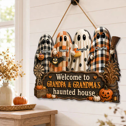 Personalized Wooden Sign with Cute Ghosts, Farmhouse Halloween Decor, Unique Creative Gift for Grandparents