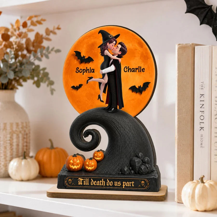 Personalized 2-Layer Wooden Plaque, Halloween Moon Couple Kiss, Unique Creative Gift for Couple