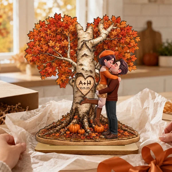 Personalized 2-Layer Wooden Plaque, Fall Love Tree Couple Kiss, Unique Creative Gift for Couple