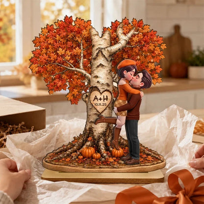 Personalized 2-Layer Wooden Plaque, Fall Love Tree Couple Kiss, Unique Creative Gift for Couple