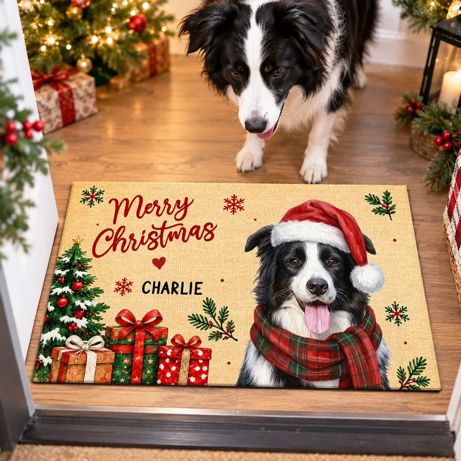 Personalized Standard Doormat with Watercolor Dog in Santa Hat, Festive Entryway Decor, Unique Gift for Dog Lovers